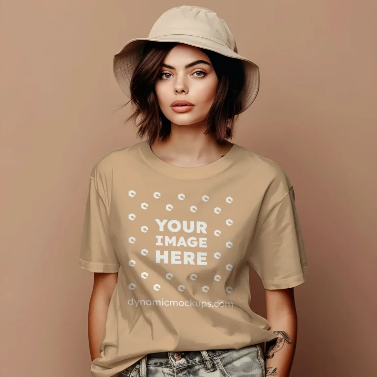 Woman Wearing Tan T-shirt Mockup Front View Template