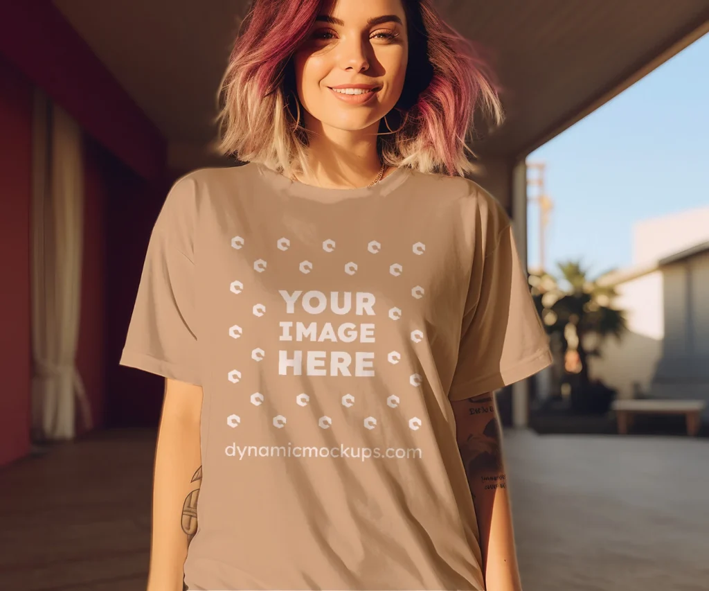 Woman Wearing Tan T-shirt Mockup Front View Template