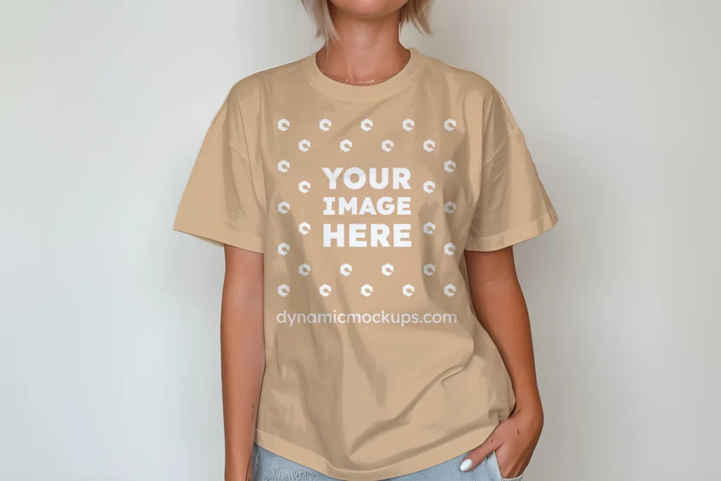 Woman Wearing Tan T-shirt Mockup Front View Template