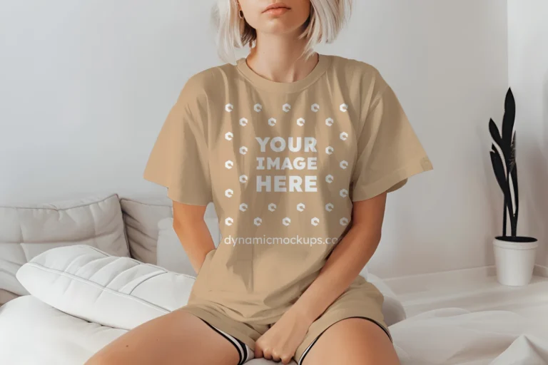 Woman Wearing Tan T-shirt Mockup Front View Template