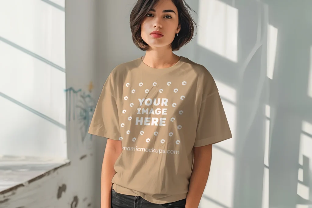 Woman Wearing Tan T-shirt Mockup Front View Template