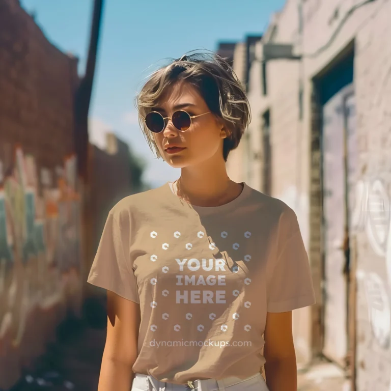 Woman Wearing Tan T-shirt Mockup Front View Template