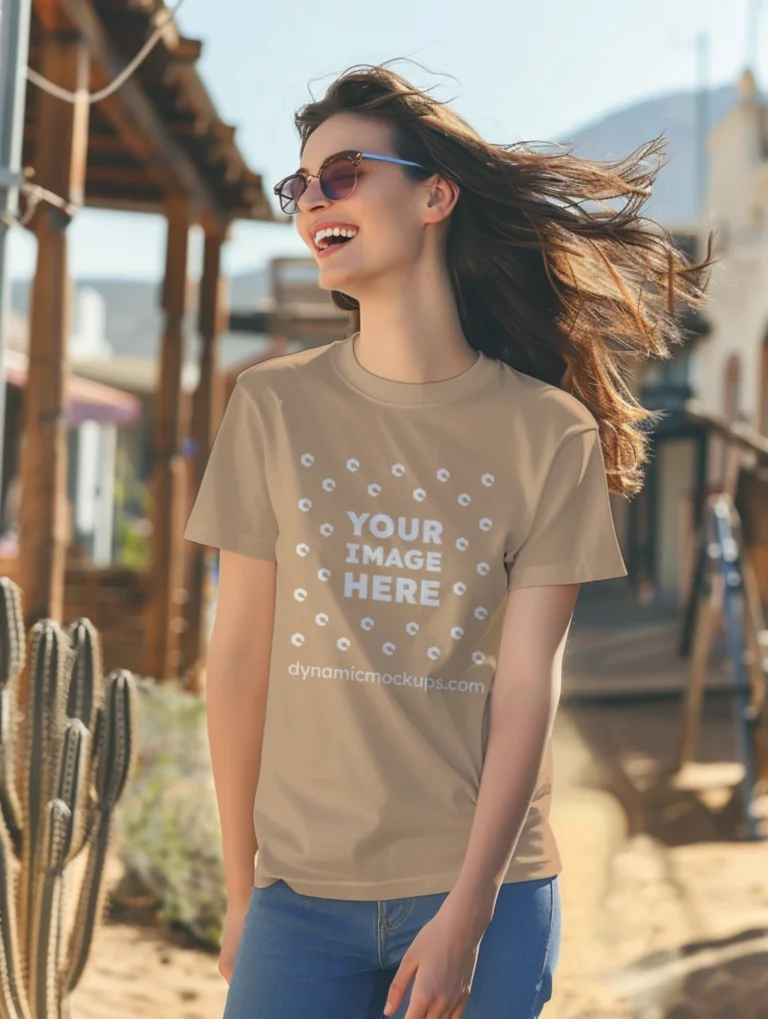 Woman Wearing Tan T-shirt Mockup Front View Template