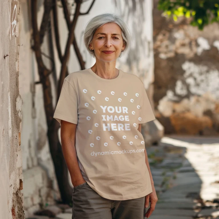 Woman Wearing Tan T-shirt Mockup Front View Template