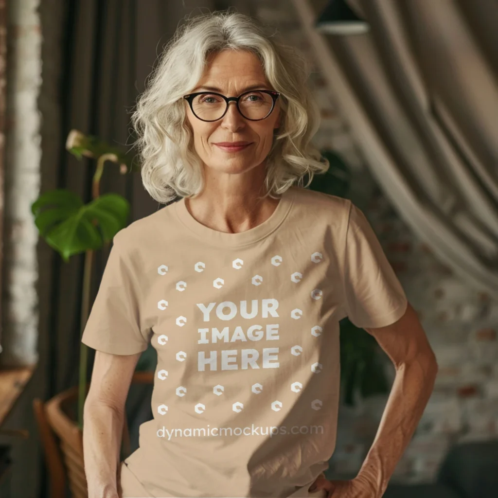 Woman Wearing Tan T-shirt Mockup Front View Template