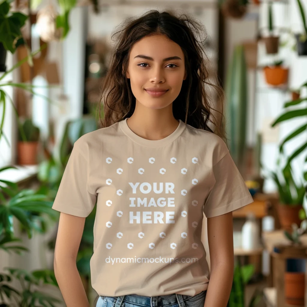 Woman Wearing Tan T-shirt Mockup Front View Template