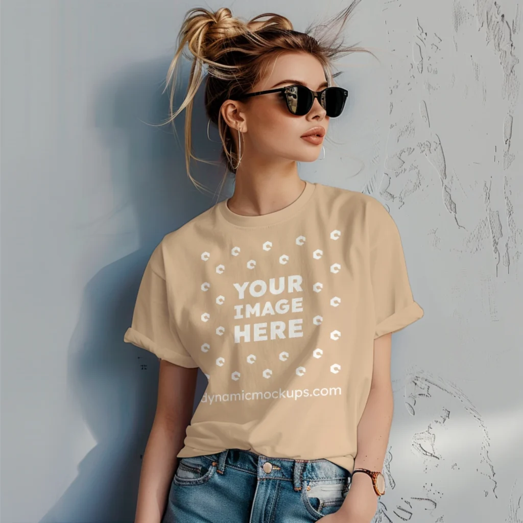 Woman Wearing Tan T-shirt Mockup Front View Template