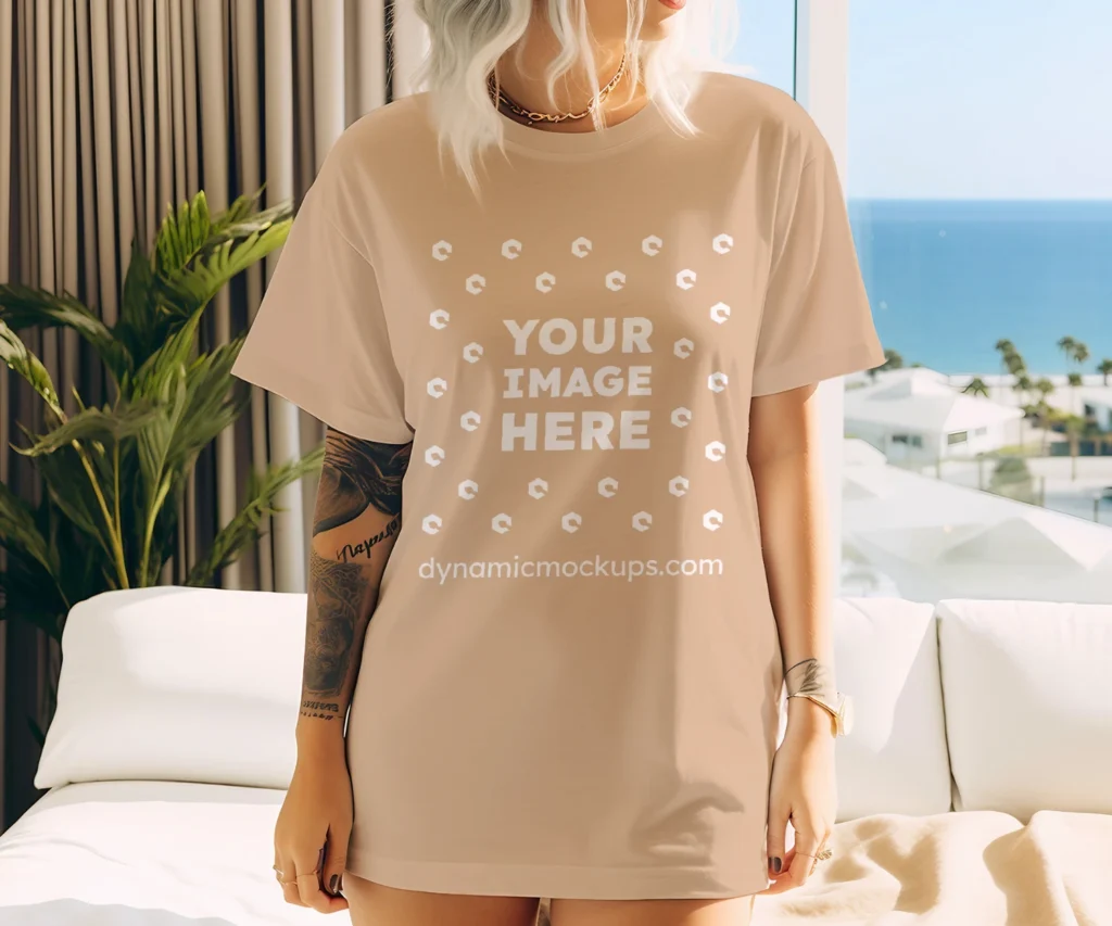 Woman Wearing Tan T-shirt Mockup Front View Template