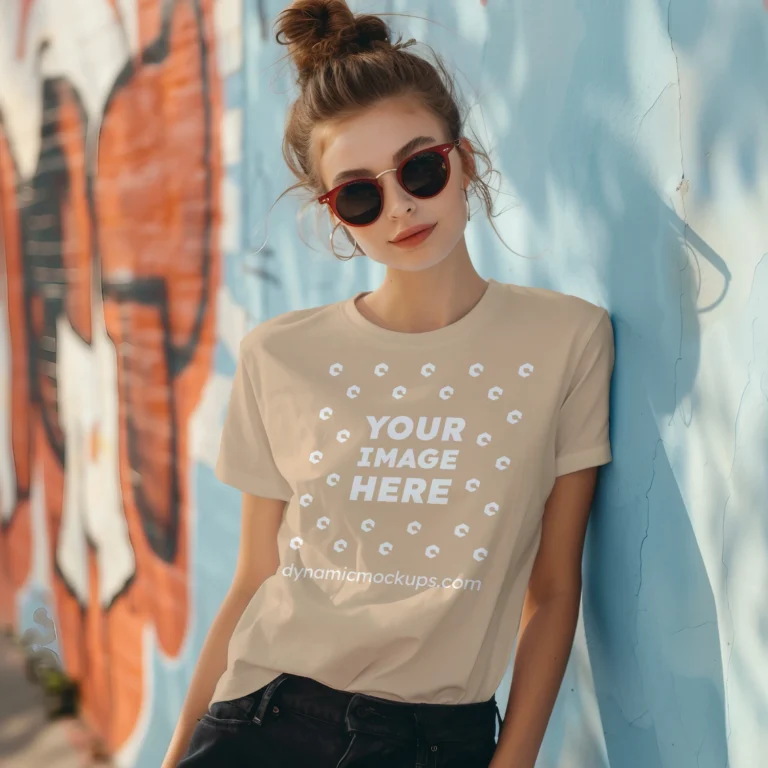 Woman Wearing Tan T-shirt Mockup Front View Template