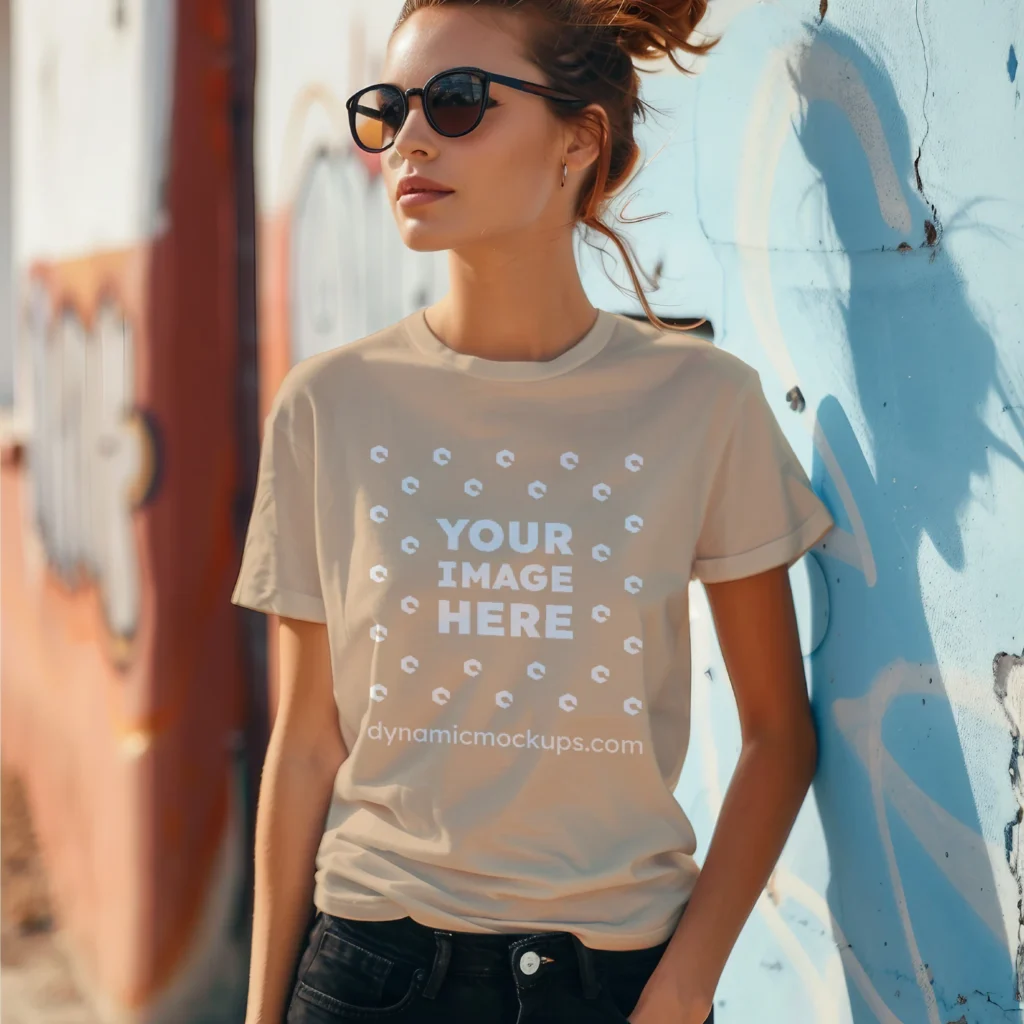 Woman Wearing Tan T-shirt Mockup Front View Template