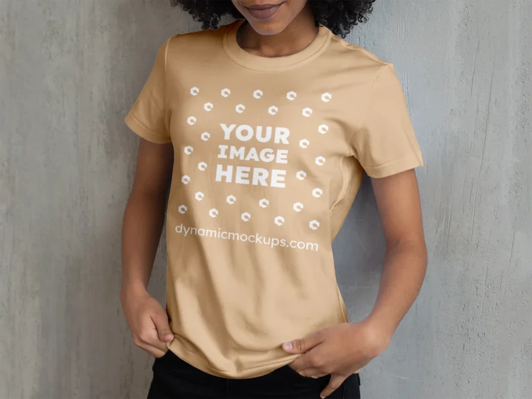 Woman Wearing Tan T-shirt Mockup Front View Template