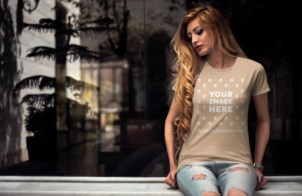 Woman Wearing Tan T-shirt Mockup Front View Template