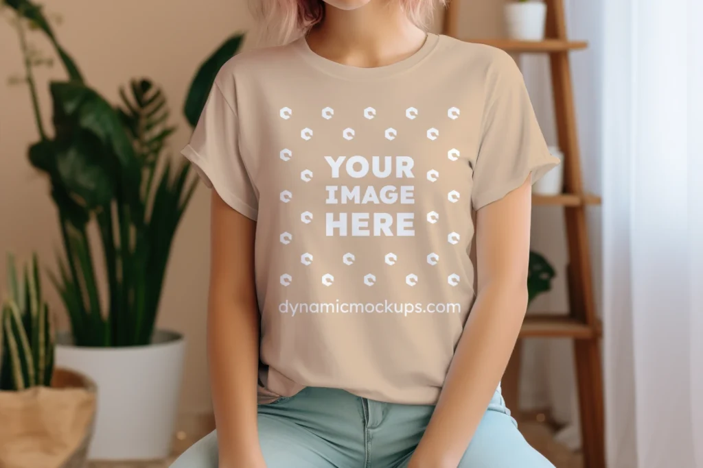 Woman Wearing Tan T-shirt Mockup Front View Template