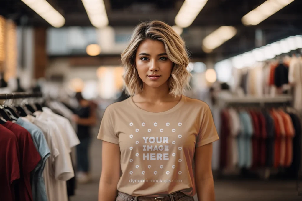 Woman Wearing Tan T-shirt Mockup Front View Template