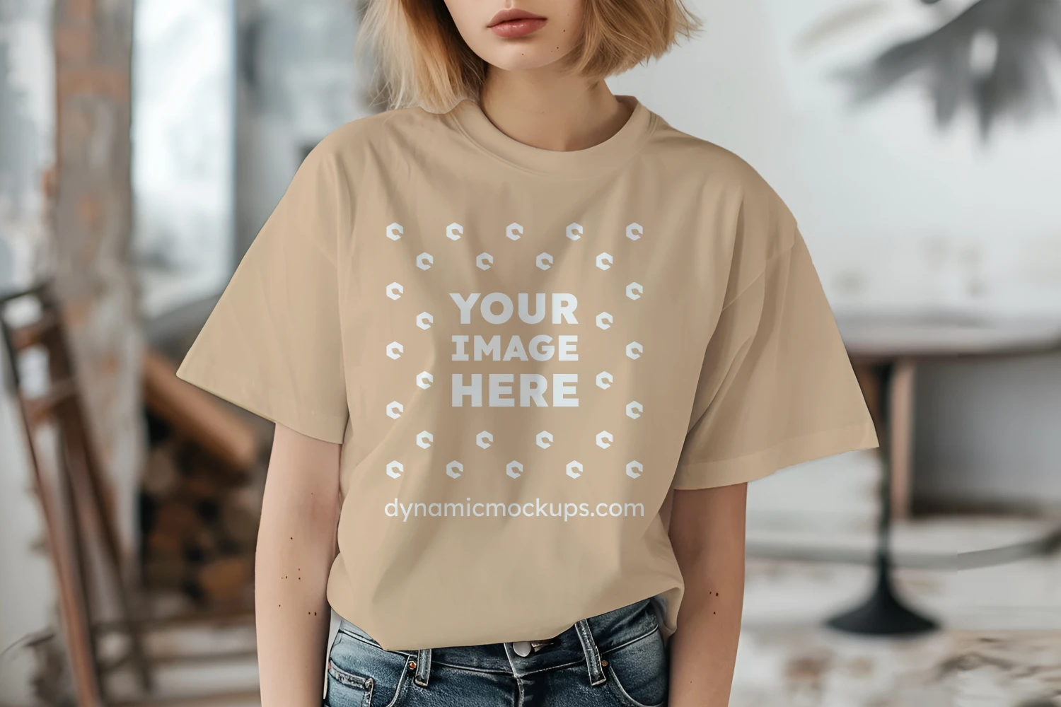 Woman Wearing Tan Tshirt Mockup Front View Template 845 +