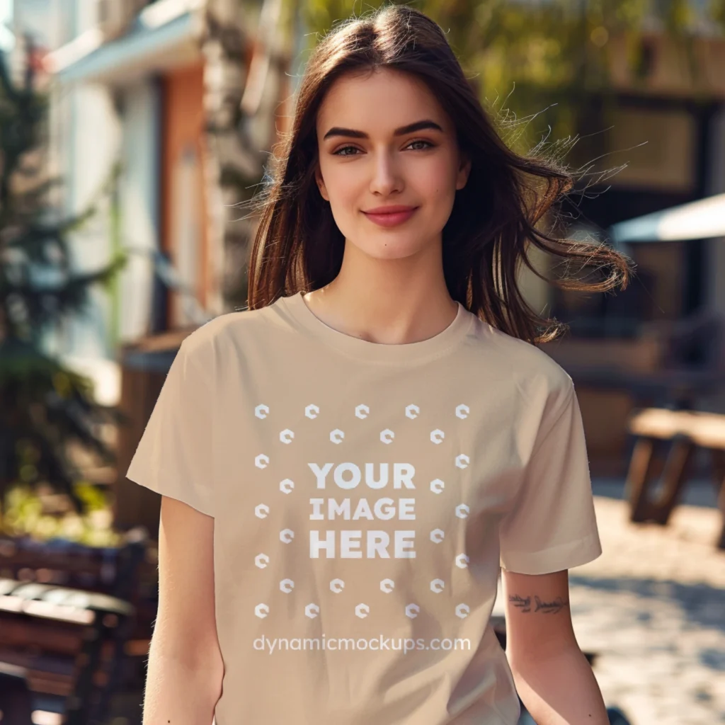 Woman Wearing Tan T-shirt Mockup Front View Template