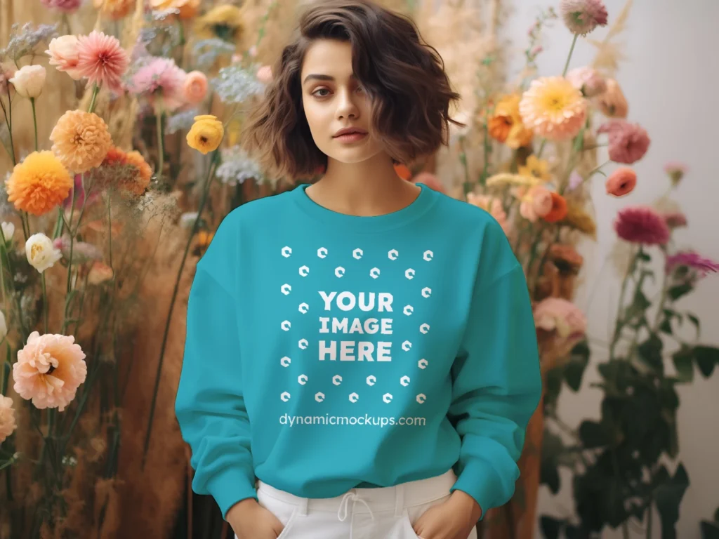 Woman Wearing Teal Sweatshirt Mockup Front View Template