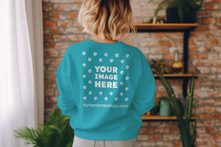 Woman Wearing Teal Sweatshirt Mockup Back View Template