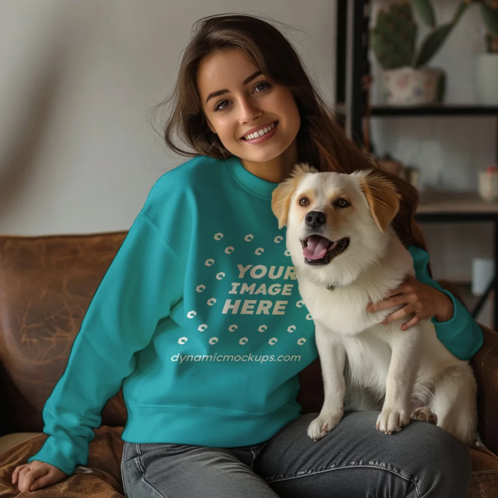 Woman Wearing Teal Sweatshirt Mockup Front View Template