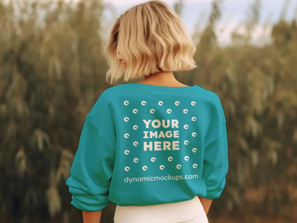 Woman Wearing Teal Sweatshirt Mockup Back View Template