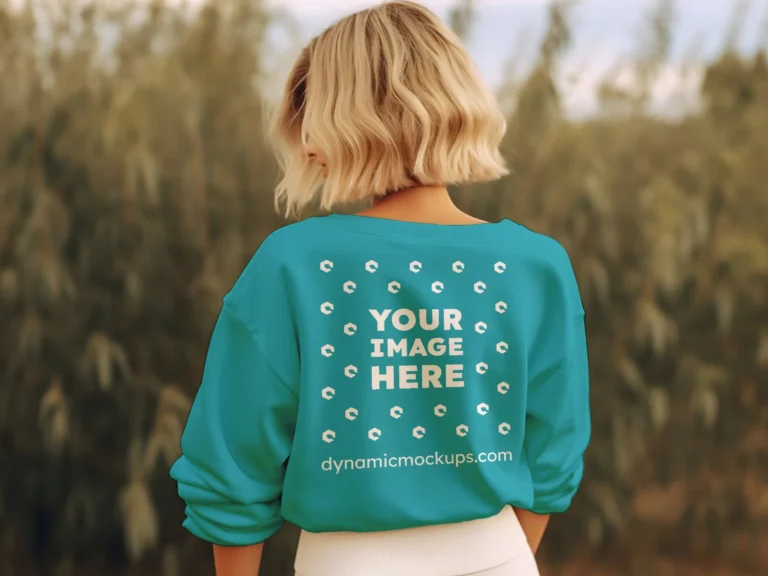 Woman Wearing Teal Sweatshirt Mockup Back View Template