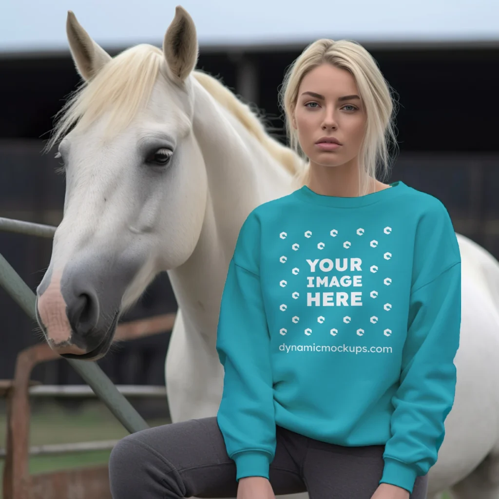 Woman Wearing Teal Sweatshirt Mockup Front View Template