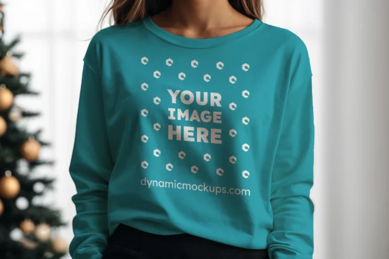 Woman Wearing Teal Sweatshirt Mockup Front View Template