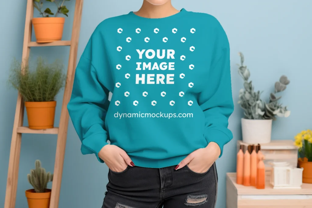 Woman Wearing Teal Sweatshirt Mockup Front View Template