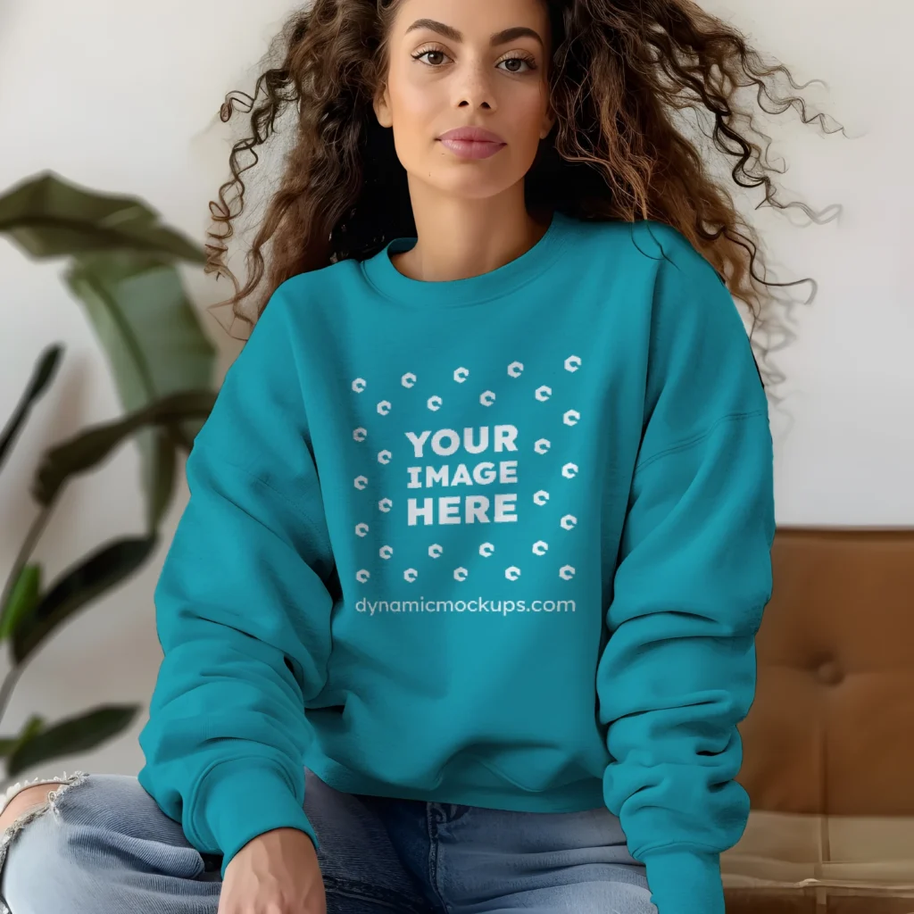 Woman Wearing Teal Sweatshirt Mockup Front View Template