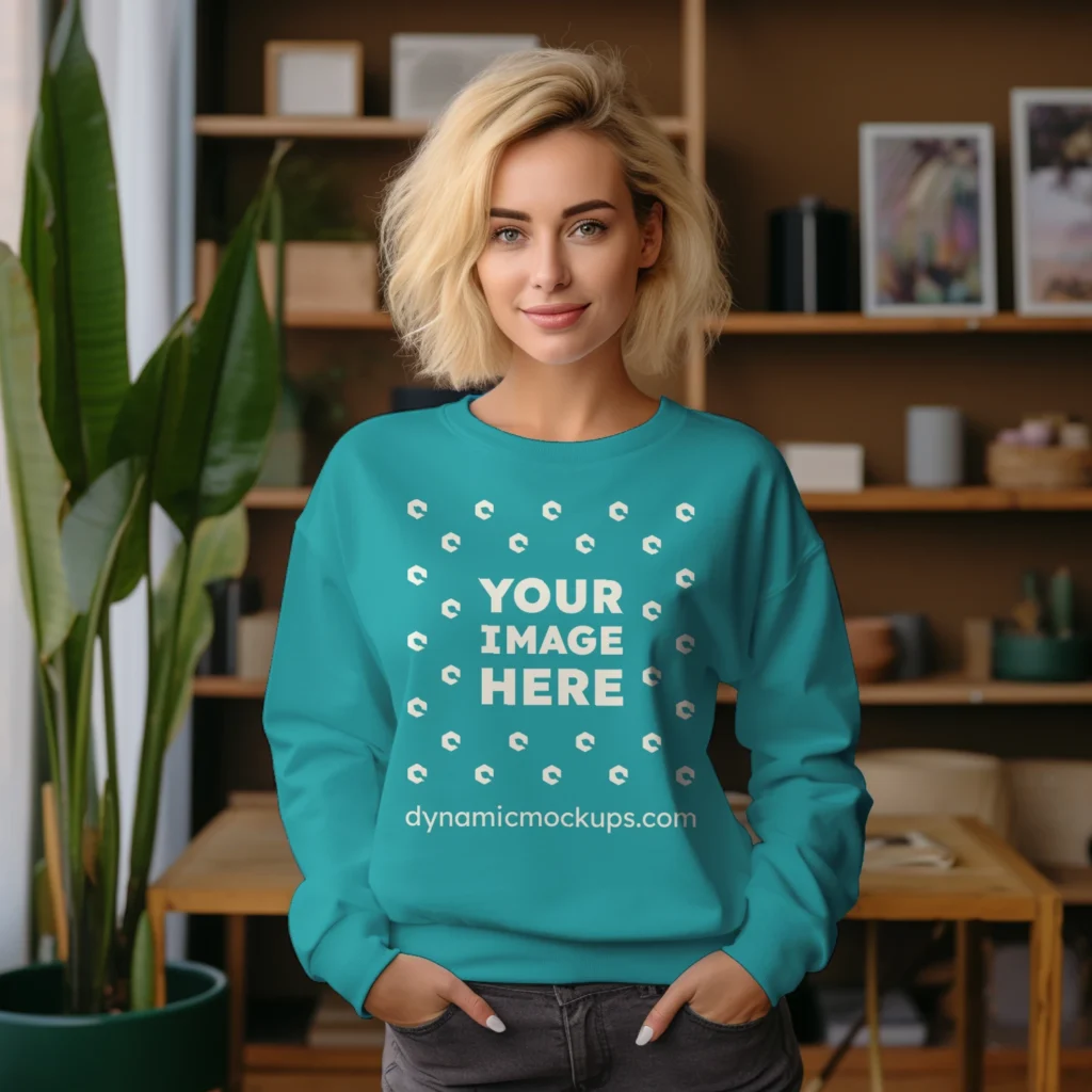 Woman Wearing Teal Sweatshirt Mockup Front View Template