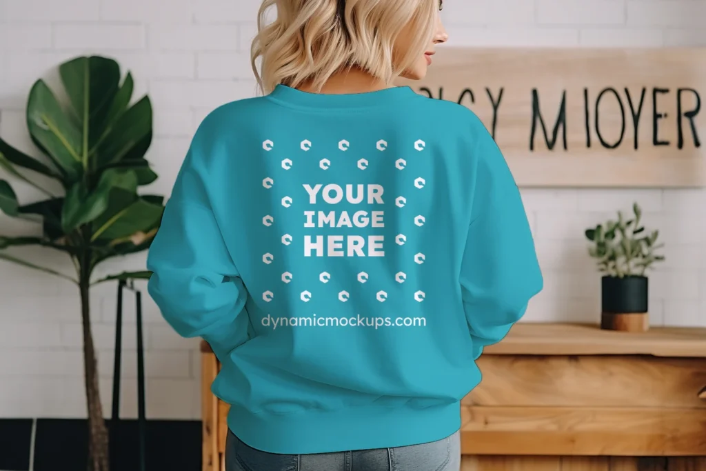 Woman Wearing Teal Sweatshirt Mockup Back View Template