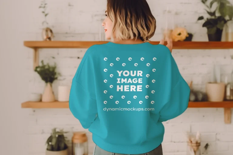 Woman Wearing Teal Sweatshirt Mockup Back View Template