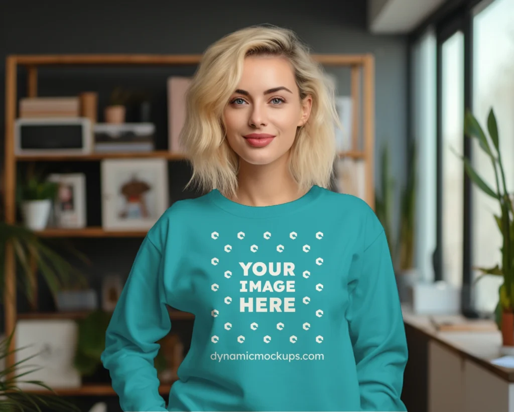 Woman Wearing Teal Sweatshirt Mockup Front View Template