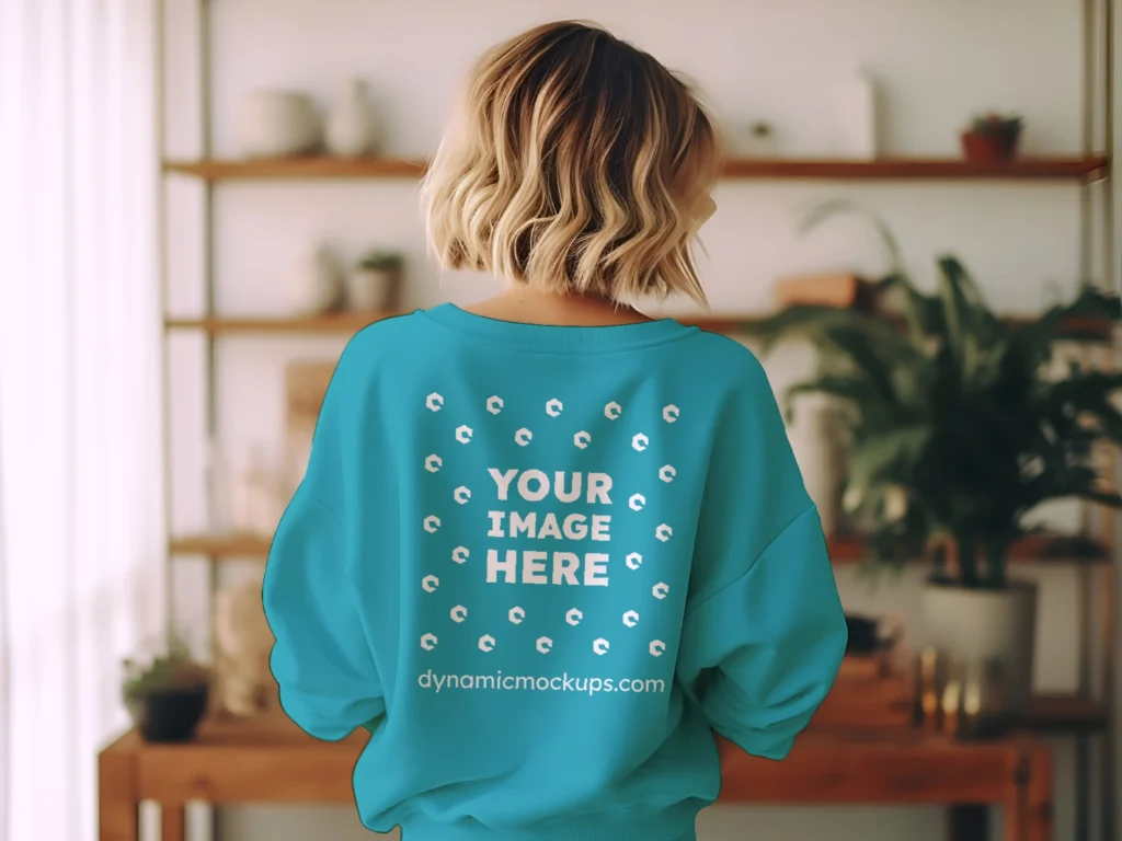 Woman Wearing Teal Sweatshirt Mockup Back View Template