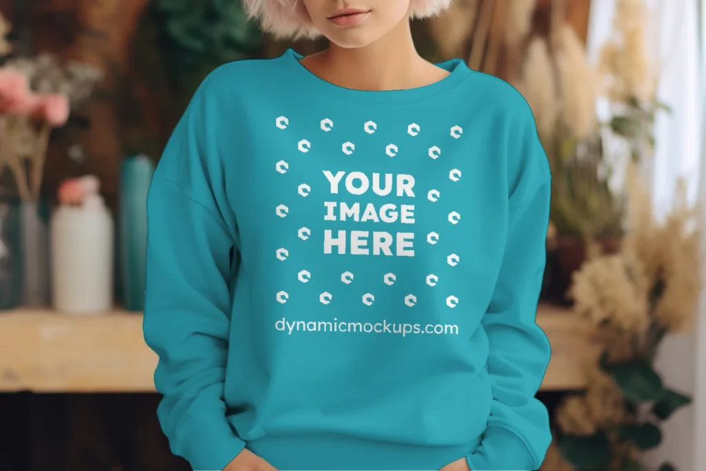 Woman Wearing Teal Sweatshirt Mockup Front View Template