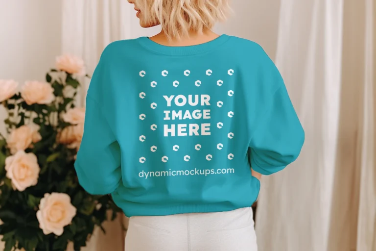 Woman Wearing Teal Sweatshirt Mockup Back View Template