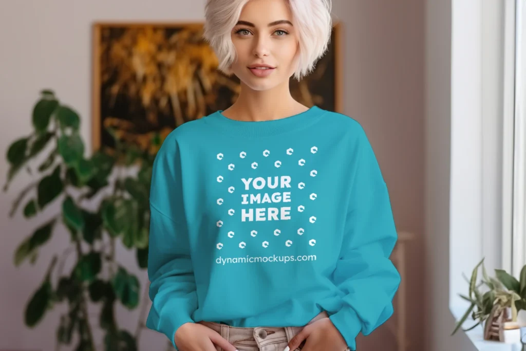 Woman Wearing Teal Sweatshirt Mockup Front View Template