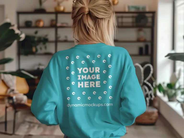 Woman Wearing Teal Sweatshirt Mockup Back View Template