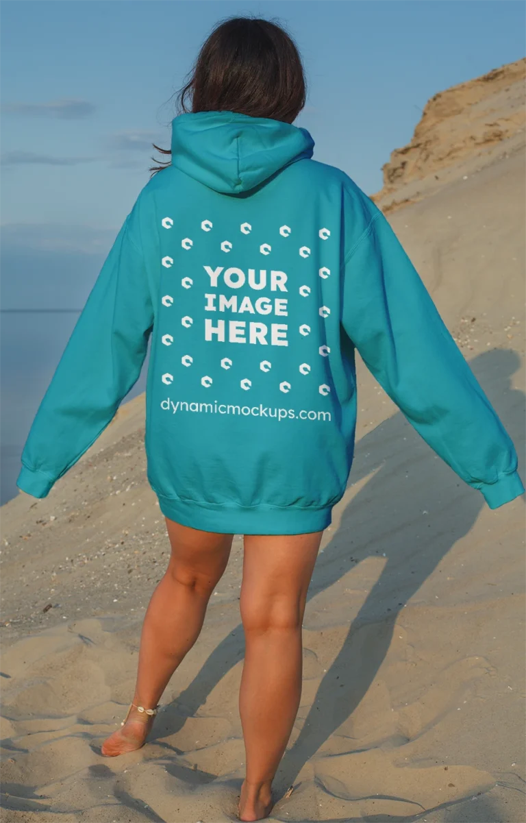 Woman Wearing Teal Hoodie Mockup Back View Template