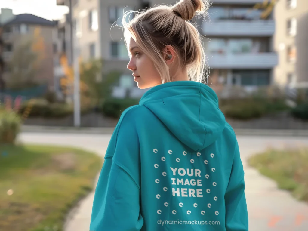 Woman Wearing Teal Hoodie Mockup Back View Template