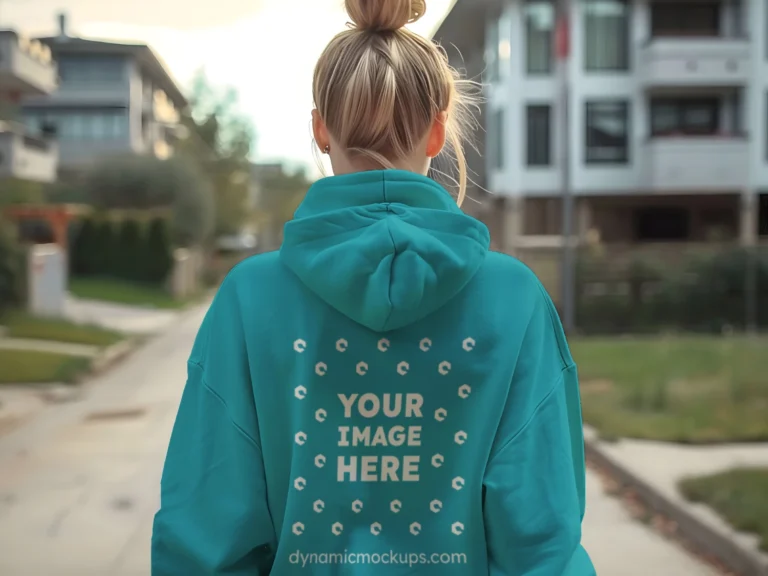 Woman Wearing Teal Hoodie Mockup Back View Template