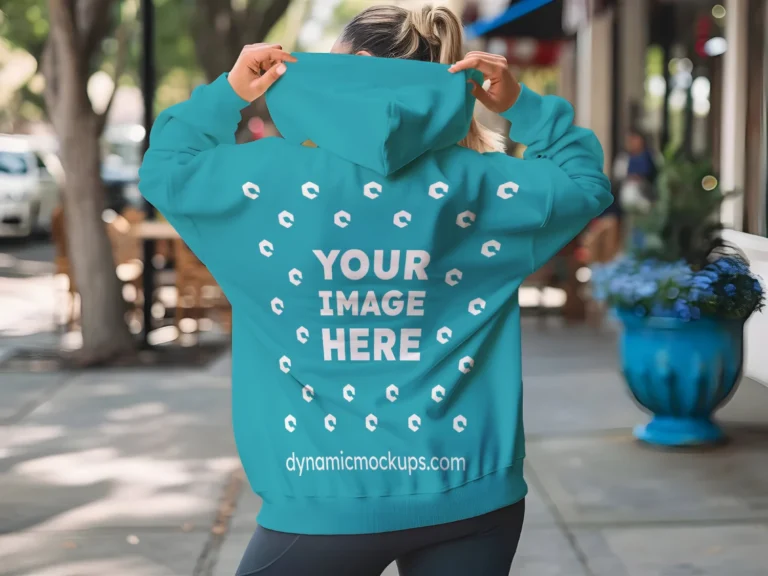 Woman Wearing Teal Hoodie Mockup Back View Template