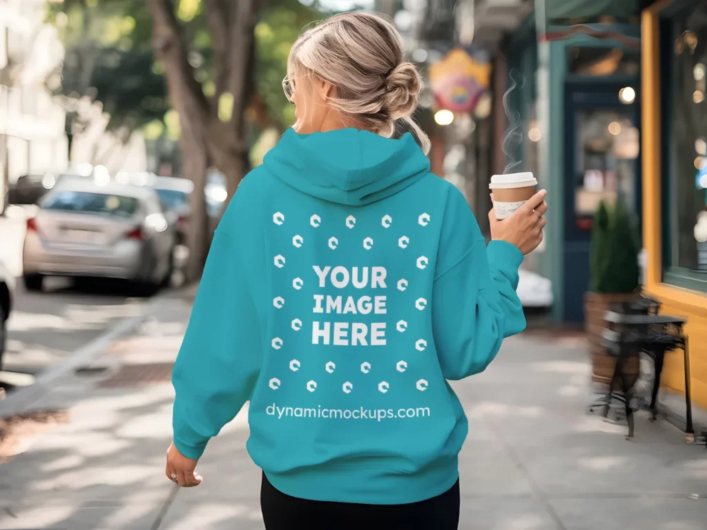 Woman Wearing Teal Hoodie Mockup Back View Template