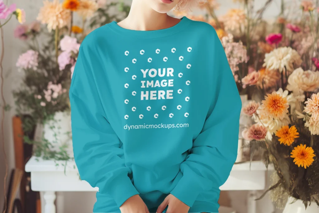 Woman Wearing Teal Sweatshirt Mockup Front View Template