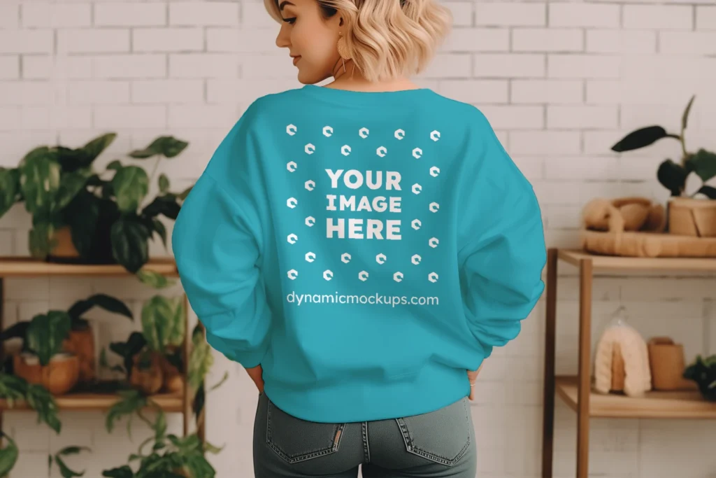 Woman Wearing Teal Sweatshirt Mockup Back View Template