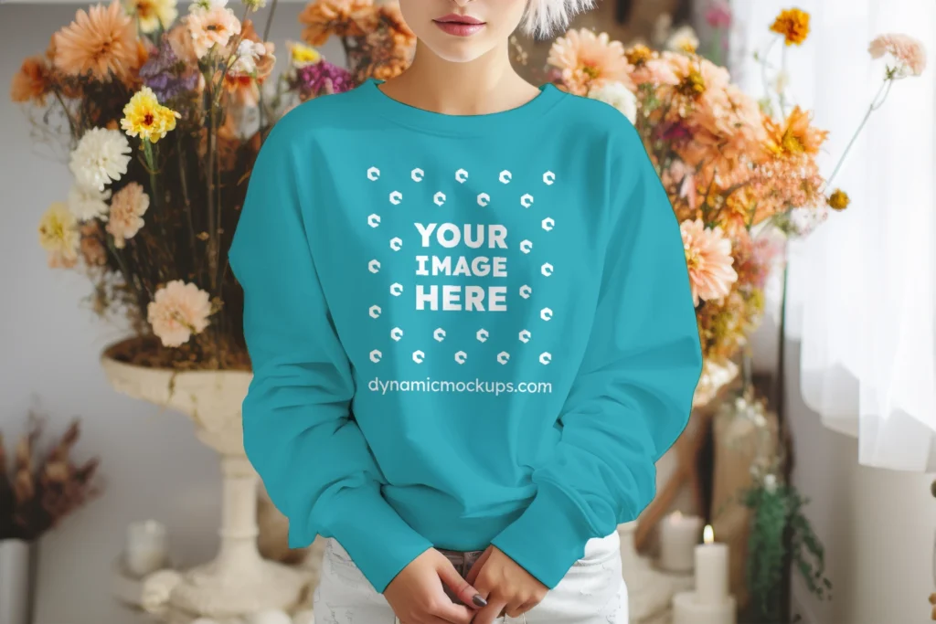 Woman Wearing Teal Sweatshirt Mockup Front View Template