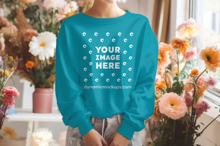 Woman Wearing Teal Sweatshirt Mockup Front View Template