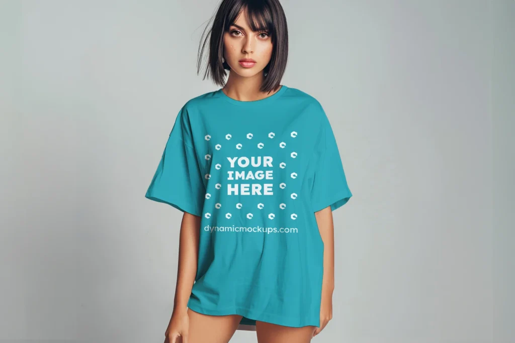 Woman Wearing Teal T-shirt Mockup Front View Template