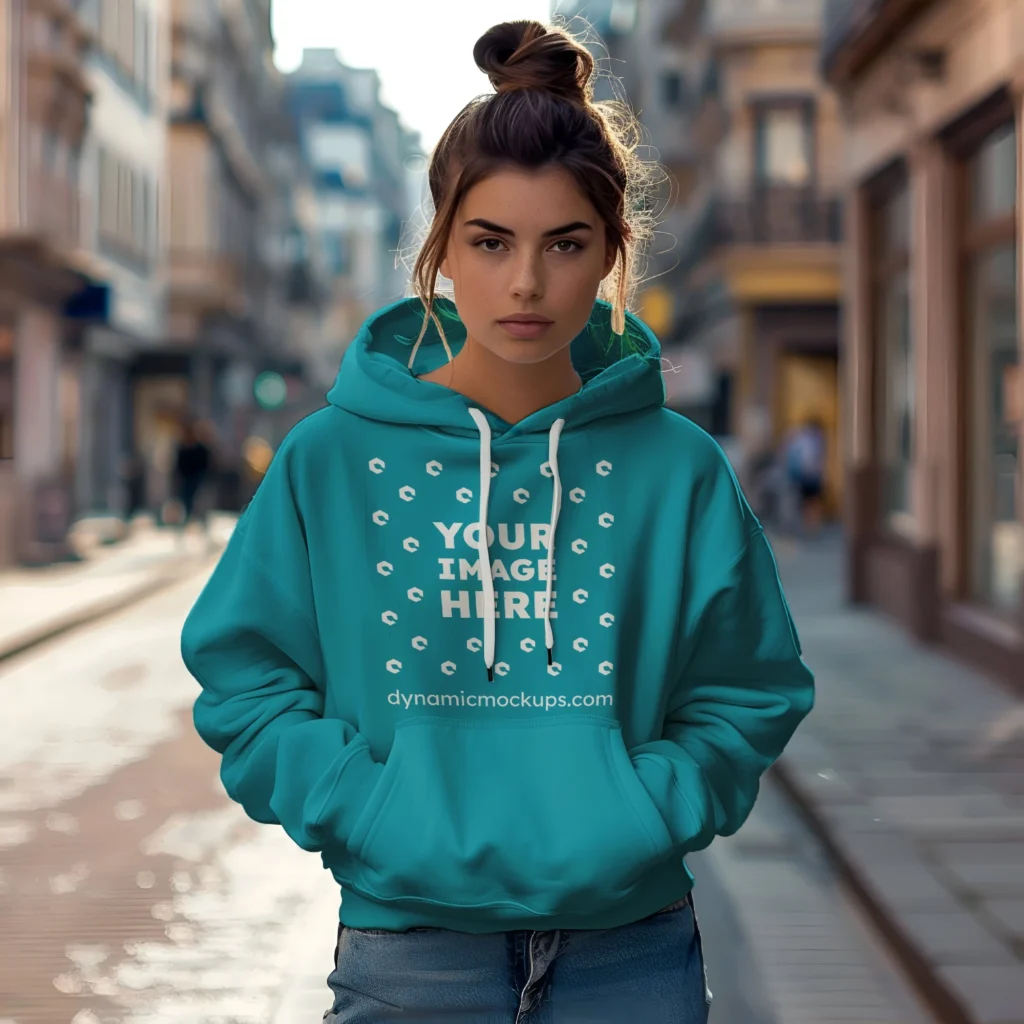 Woman Wearing Teal Hoodie Mockup Front View Template