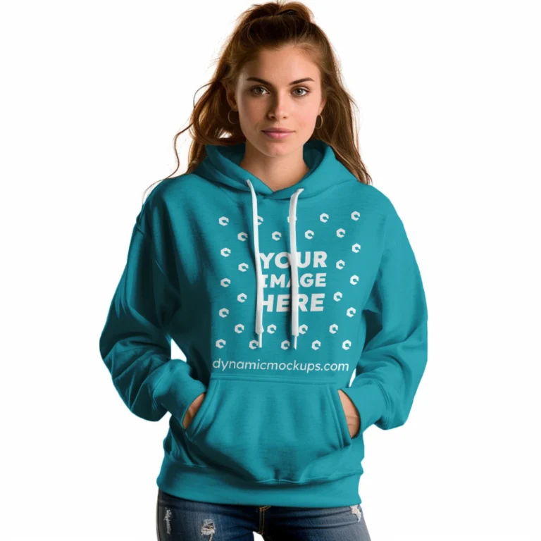 Woman Wearing Teal Hoodie Mockup Front View Template